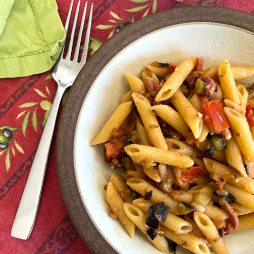 Pasta with Eggplant, Speck, walnuts, & Tomato | Italian Kiwi